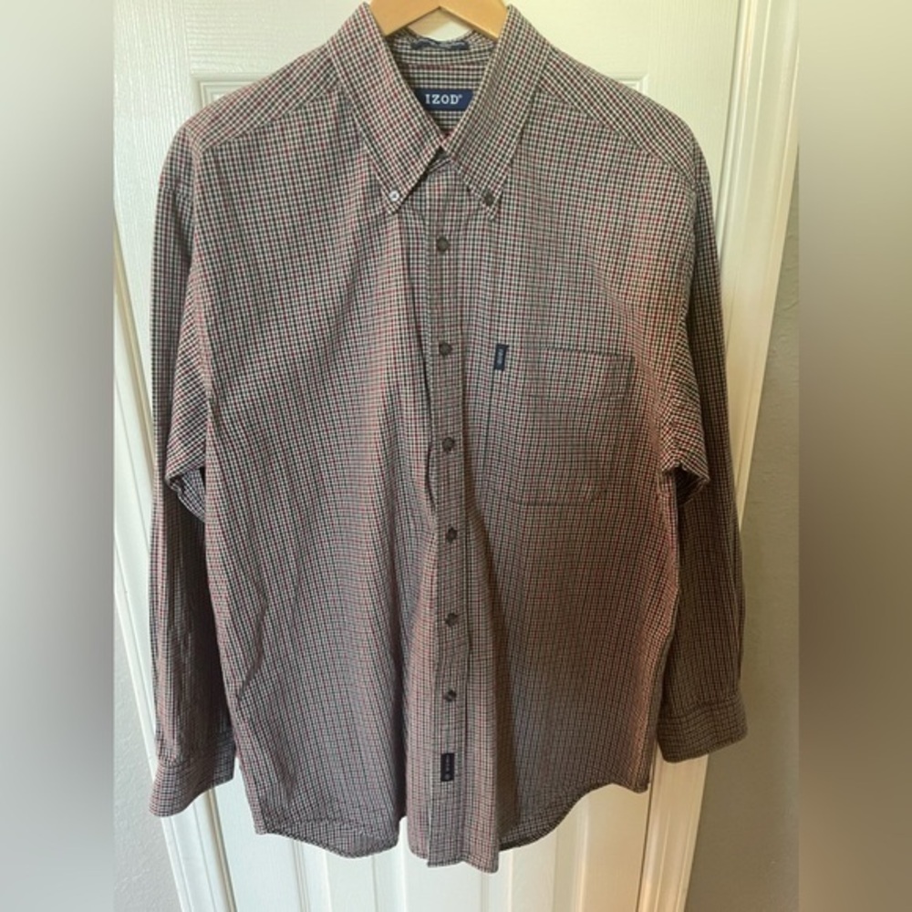 IZOD Green Red Plaid Long Sleeve Button Down Shirt Size Large